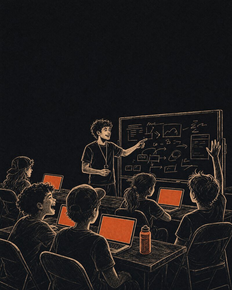 Rafid ved tavla foran en rekke barn med laptoper, 2017