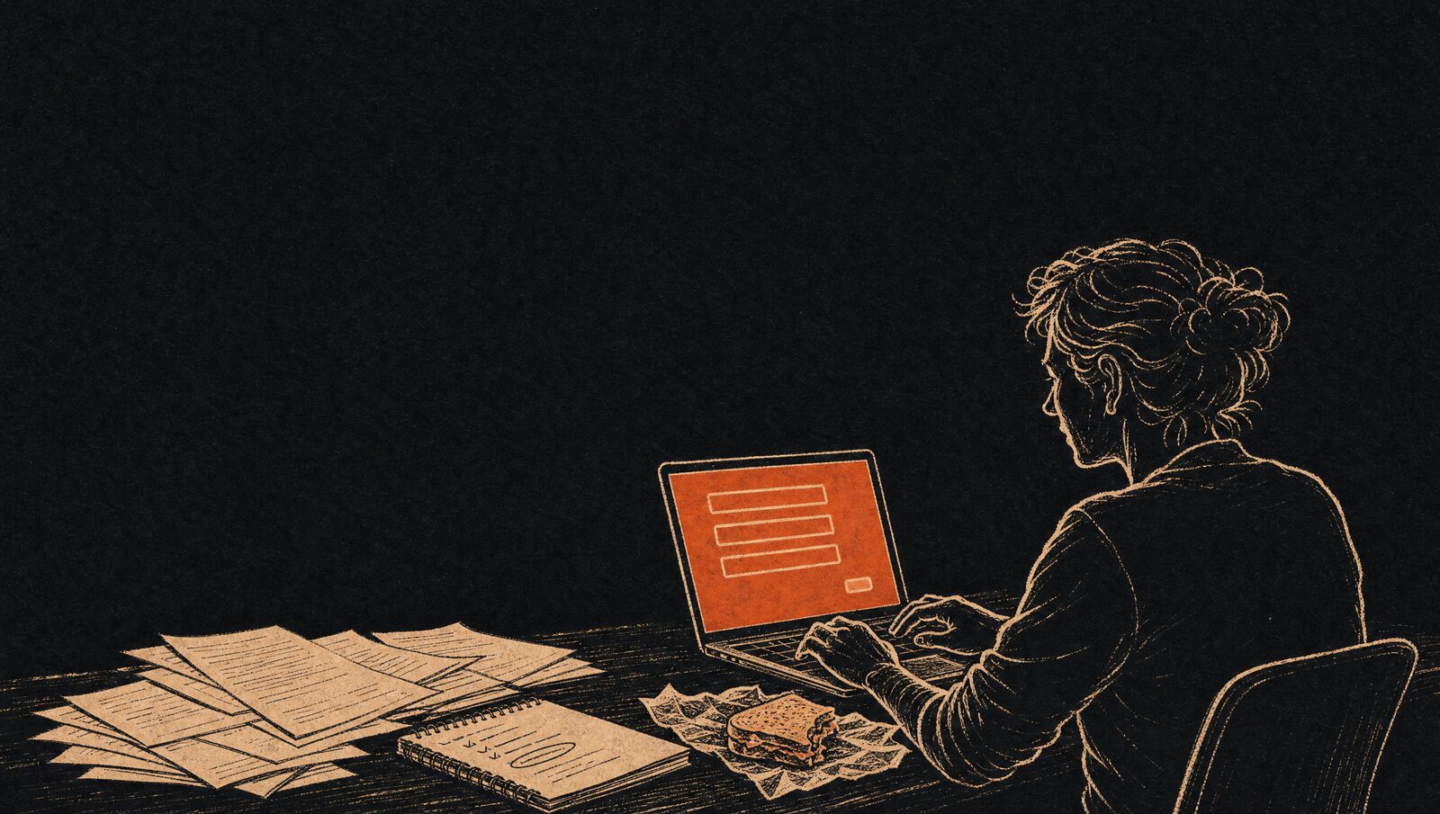 En kvinne med oppbrettede ermer bygger et enkelt verktøy på laptopen, en bunke fakturaer ved siden av