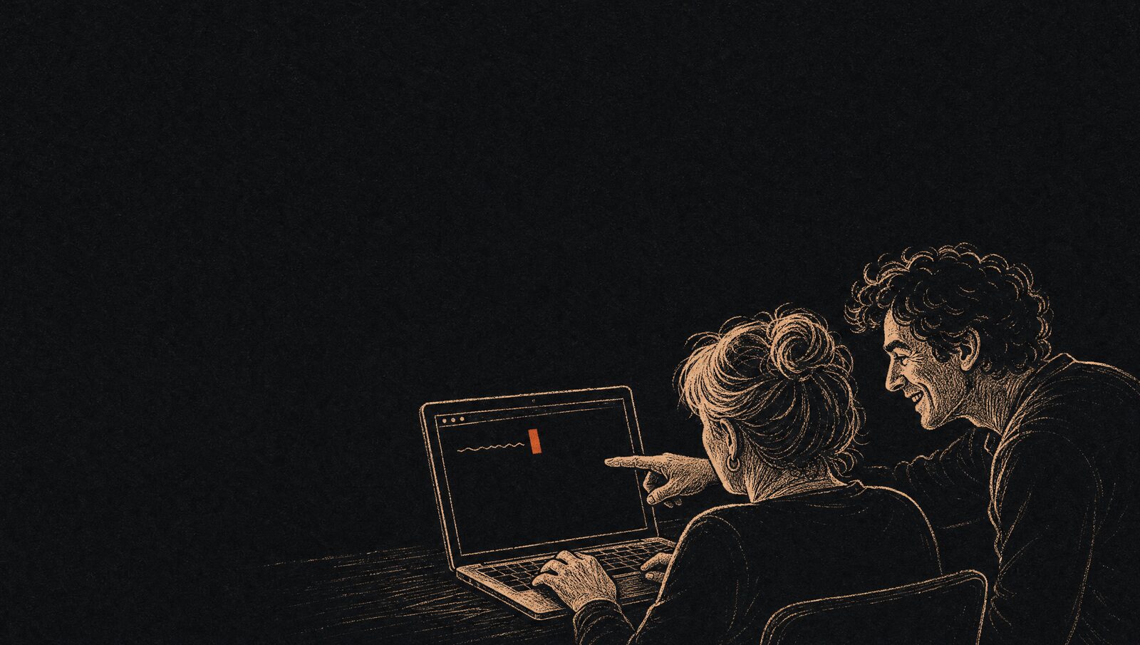 Over skulderen på en kvinne ved laptopen: et terminalvindu med en oransje markør, Rafid sitter på huk ved siden av og peker